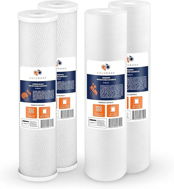 Aquaboon 5 Micron 20 x 4.5 Water Filter Cartridges Set of 4, Whole House Water Filter Replacements for 2-Stage Sediment & Chlorine, Odors Reduction