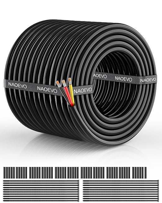 NAOEVO 18 Gauge Wire 3 Conductor Electrical Wire, 18 AWG Stranded PVC Cord, 12V Low Voltage/Tinned Copper/Flexible Cable for Automotive Wiring, Lamp Cord, Marine Cable (100FT)