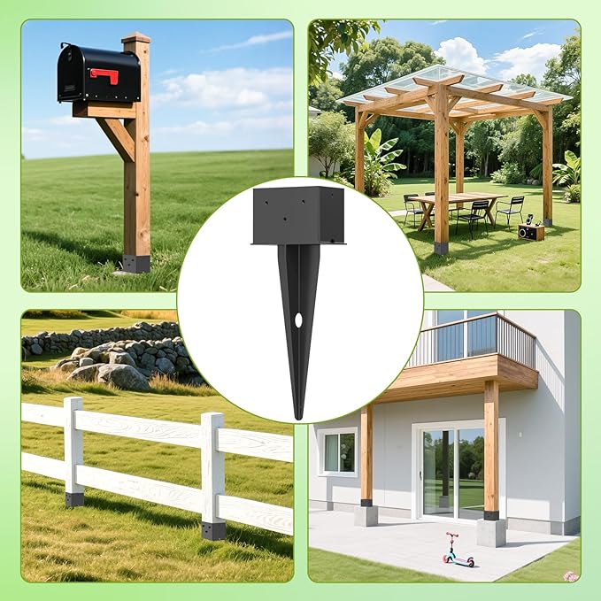 4 Pcs 4"x 6" Fence Post Anchor Ground Spike, 16.5" Heavy Duty Metal Fence Stake Post Bases (Inner Size 3.6"x5.6") with Black Powder Coated for Fence, Deck, Railing, Mailbox and Porch