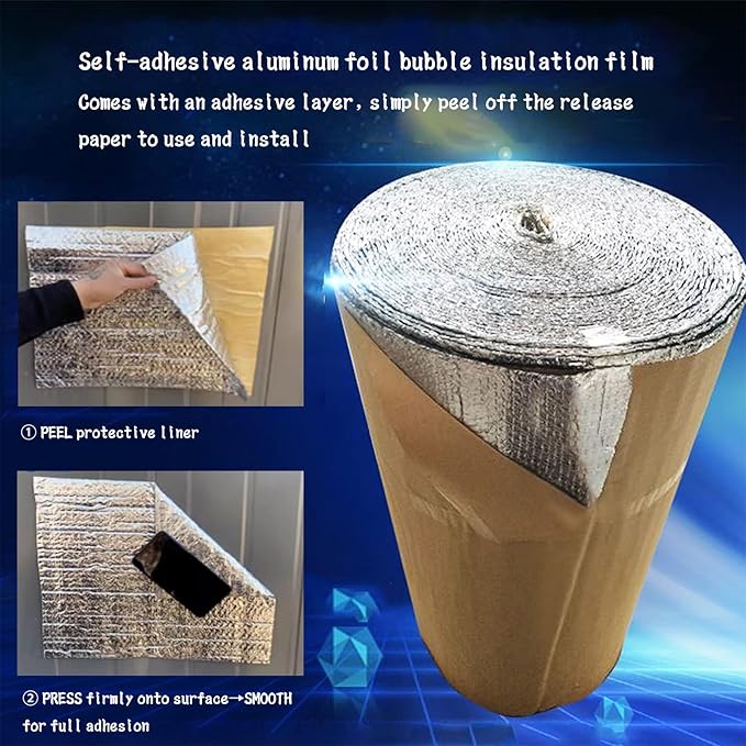 5mm Double-Sided Aluminum Foil Bubble Insulation - Self-Adhesive, Flame Retardant, Thermal Moisture Barrier, Waterproof, for Pipes, Roof, Walls(Size:5㎡,Color:Fixed Width 1m)
