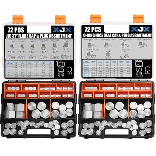 XJX 144-Piece JIC and ORFS Cap and Plug Kit, Hydraulic Hose Caps and Plugs Kit 45# Steel Pipe Fitting Set with Precision Threads
