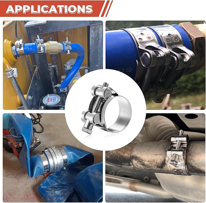 AKIHISA T-Bolt Hose Clamp,52-55mm OD Range 304 Stainless Steel Pipe Strap Clamp, Adjustable Heavy Duty Tube Clamp (4Pack, 2.05" to 2.17")