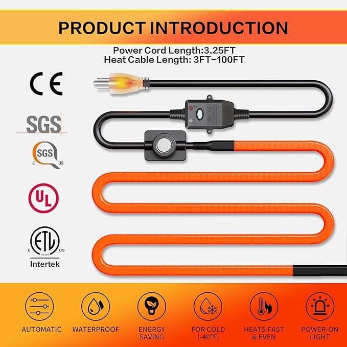 Heat Tape for Water Pipes with Thermostat & GFCI, Energy-Saving Pipe Heating Cable, Prevents Freezing, Works at -22℉, 50FT Orange, UL ETL Listed 120V
