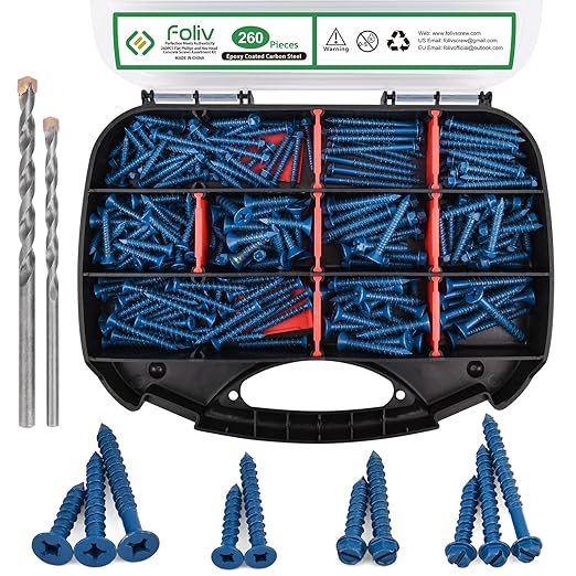 FOLIV 260PCS Concrete Screws with Drill Bit, 1/4 3/16 Concrete Screws Assortment Kit, Flat & Hex Head Masonry Block Brick Cement Screws and Anchors, Diamond Point, Length from 1-1/4” to 2-1/4”