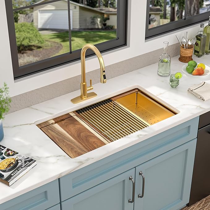 33 Undermount Kitchen Sink Gold - Fulorni 33"x19" Kitchen Sink Brushed Gold NANO-PVD Ledge Workstation 16 Gauge 304 Stainless Steel Under Counter Single Bowl Basin