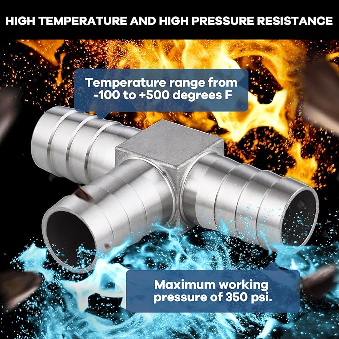 304 Stainless Steel 1-1/4" Barb x 1-1/4" Tee Joint Fitting Union for Water, Fuel, Air - 2PCS