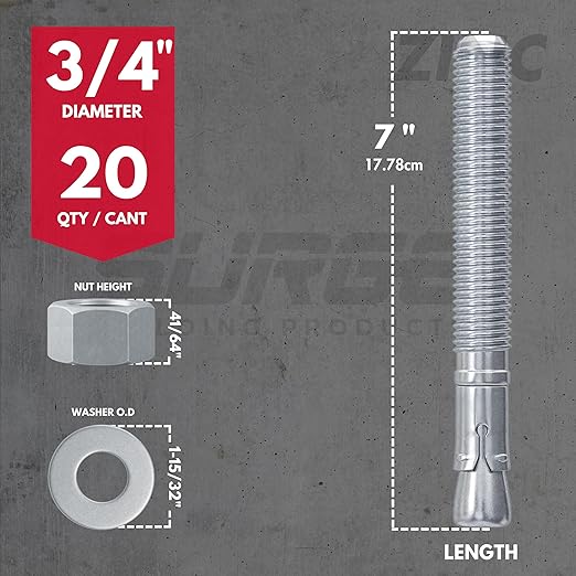 3/4" x 7" Zinc-Plated Wedge Anchors for Concrete and Cement | Heavy-Duty 3/4 Concrete Anchors (Box of 20)