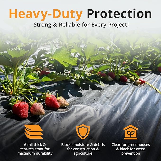 PRIMAX 6 mil Plastic Sheeting (10'x25')– Waterproof, UV Resistant, Heavy Duty Thick Plastic Sheeting Roll for Weed Barrier, Moisture, Vapor Barrier, Construction Film, Lumber Tarp, Ground Cover, Black