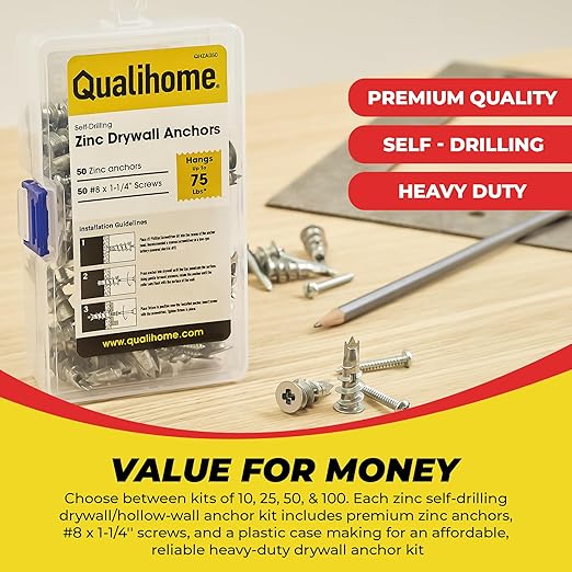 Qualihome Zinc Self Drilling Drywall Anchor Hollow Wall Anchor Kit with Screws - Metal Self Drilling Drywall Anchors with Wide Screw Fins - #8 Zinc Drywall Anchors Heavy Duty - 50 Pack - 75 Lbs