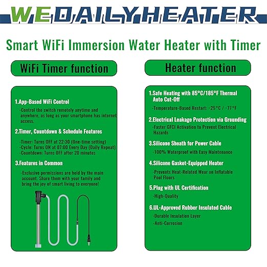 3500W 240V Fully Submersible Water Heater for Hot Tub & Above Ground Pool – Portable Immersion Electric Heater with Wifi Timer & Temp Control for Inflatable Pool, Baptism pool & Bathtub