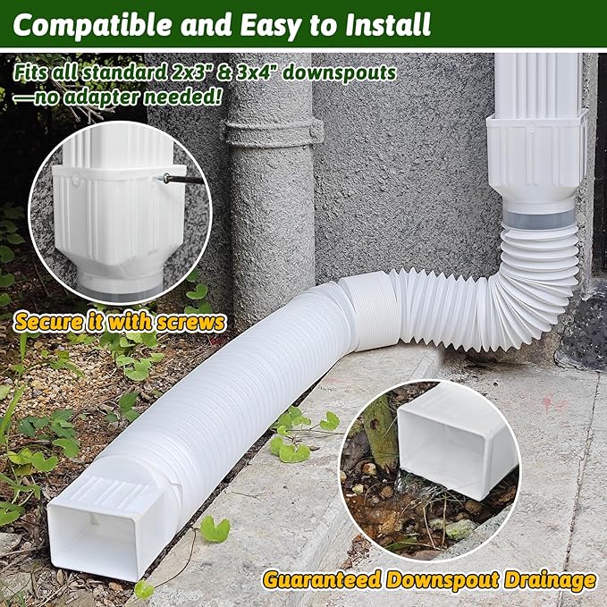 2 Pack Gutter Downspout Extensions 138" with Filter, Corrugated Flexible Gutter Pipe, Rain Diverter, Down Spout Drain Extension, Extendable from 31.5" to 138", Screws for Included, White