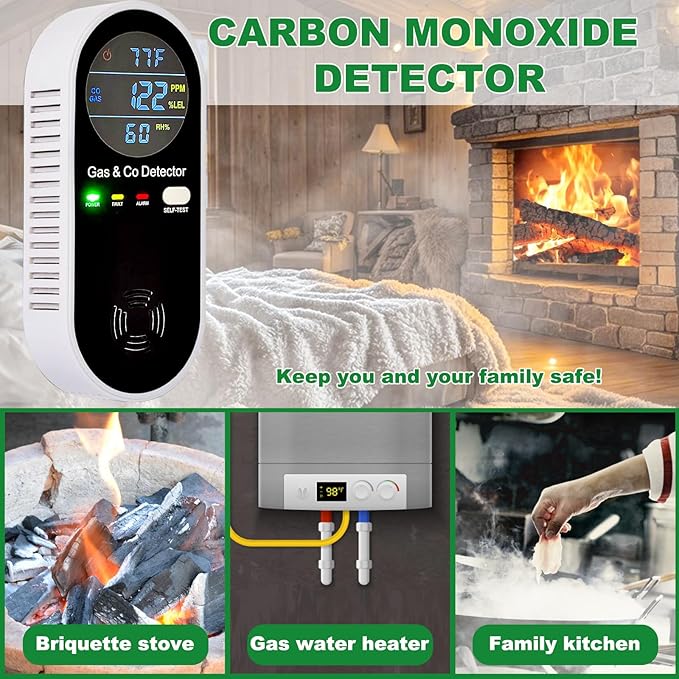 Combustible Gas & Carbon Monoxide Detector 4-in-1 Alarm with Temp/Humidity Sensor – Plug-in CO/Gas Leak Detector for Home, RV, Apartment Safety (Explosive Gas & CO Detection) 2-Pack