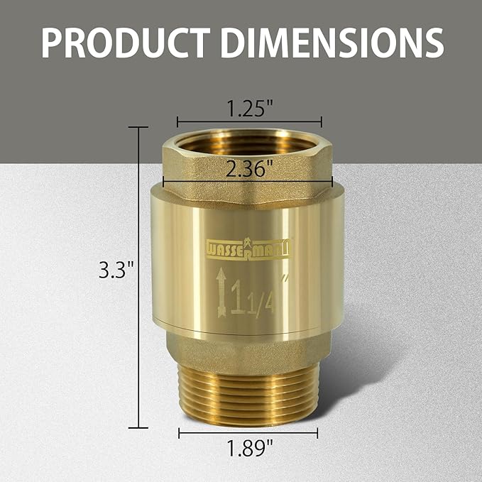 Wassermann 1-1/4" Brass Check valve 1.25“ NPT water Check Valve for submersible well pump 1.25 NPT inlet x 1.25 FNPT Outlet Suitable For Well Pump Irrigation System Water Supply System