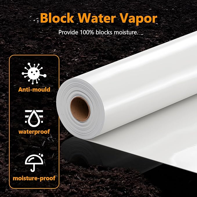 Crawl Space Vapor Barrier, 16 Mil Vapor Barrier, 10'x25', White Plastic Sheeting - Thick Plastic Sheeting, Heavy Duty Polyethylene Film, Drop Cloth Vapor Barrier Covering for Crawl Space, Basement