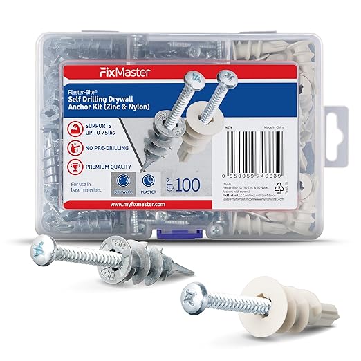 Plaster Bite Self-Drilling Drywall Anchor Kit Includes 50 Nylon & 50 Zinc Anchors w/ 100 Screws – Heavy DutyHollow Wall Anchor Kit for 3/8", 1/2", 5/8" Drywall – 75 lbs Holding Strength