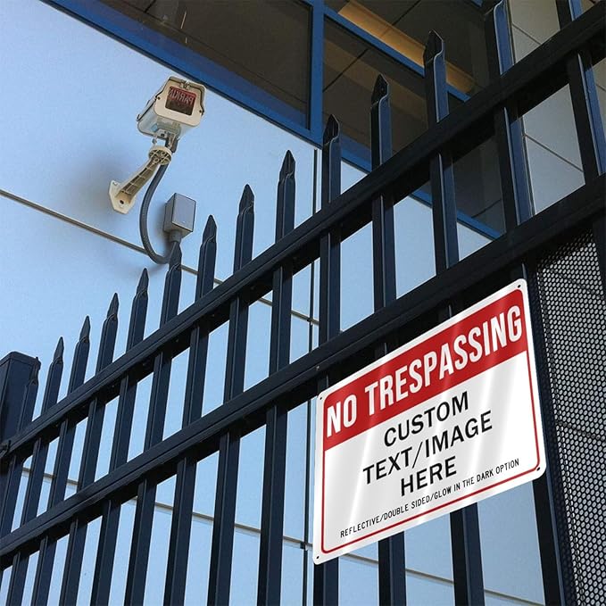 Custom No Trespassing Sign, Glow in the Dark/Reflective Option, 24''x18'' Personalized Large Aluminum Warning Signs, Customize for Business, Yard, Garden, School, Indoor/Outdoor Use