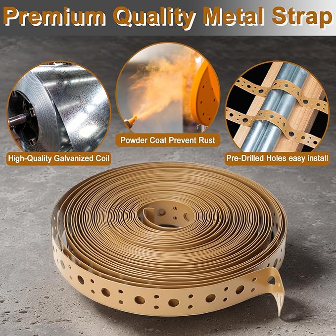 Brown Metal Strap 1-Inch x 50FT 0.6mm Thickness Galvanized Pipe Hanger Strap Metal Strapping with Holes Plumbers Strap DIY Cutting for HVAC & Pipe Support