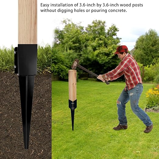 Fence Post Anchor Ground Spike Heavy Duty Black Powder Coated Fence Stakes Post Base for Mailbox, 24 x 4 x 4 Inches Outer Diameter (Inner Diameter 3.6 x3.6 Inches), Pack of 8