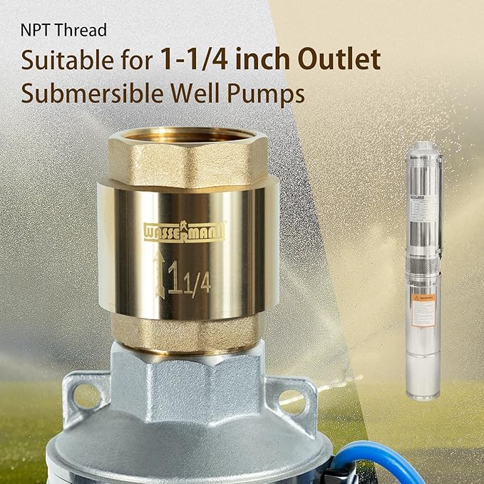 Wassermann 1-1/4" Brass Check valve 1.25“ NPT water Check Valve for submersible well pump 1.25 NPT inlet x 1.25 FNPT Outlet Suitable For Well Pump Irrigation System Water Supply System