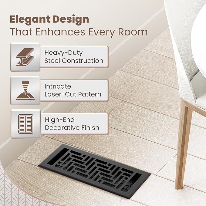 Floor Register 4x10 Vent Cover – 8 Pack – Heavy-Duty Steel, Rustproof & Walkable Grates, Drop-in Install, Adjustable Air Supply Switch - Decorative Herringbone Design, Textured Black
