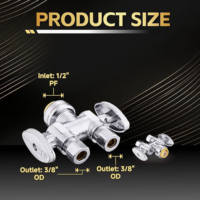 10-Pack Foskan Dual Outlet Push Fit Straight Stop Valve,1/4 Turn Straight Shut off Valve,1/2" Push Fit x 3/8" OD x 3/8" OD,Chrome Plated Brass