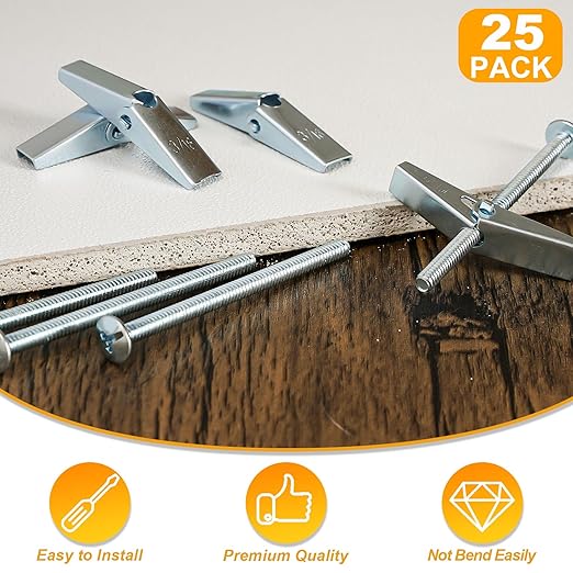KURUI 3/16 Heavy Duty Drywall Anchors, 25 Pcs Metal Toggle Bolts with Bolts, Dry Wall Anchors and Screws Kit, Butterfly Anchors for Ceiling, Sheetrock, Hollow Wall