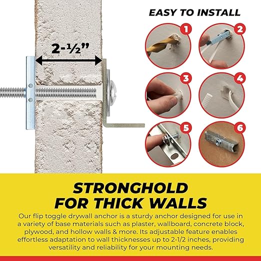 1/4”-20 Quick Easy Heavy Duty Toggle Anchors with Bolts - Hollow Wall Anchors with Steel Wings, Adjustable Up to 2 1/2" Thick Wall, Holds Up to 1080 Lbs, Heavy Duty Drill Bit Included (12 Pack)