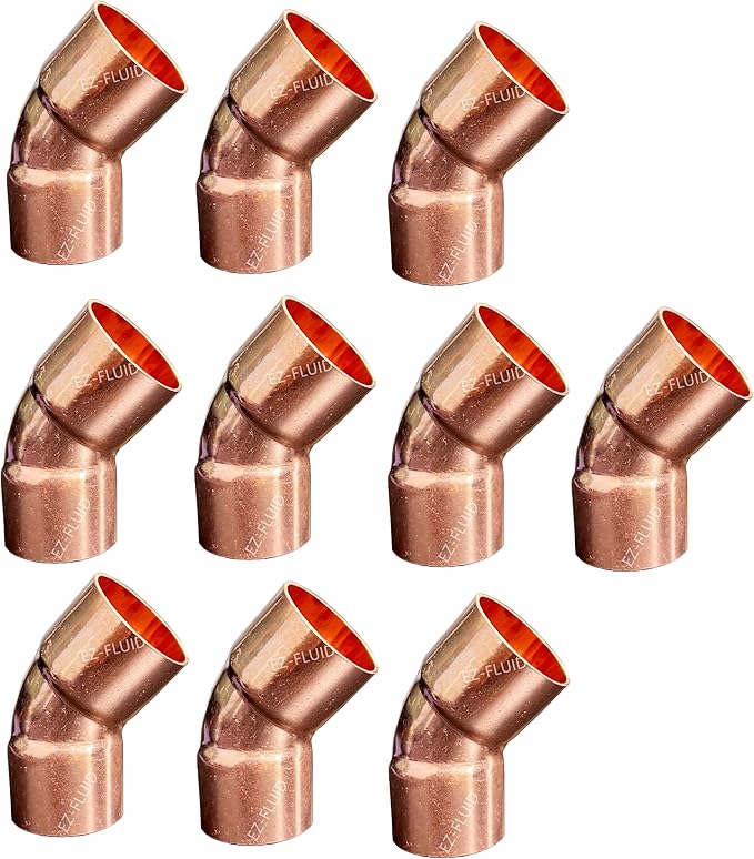 (10-Pack) EZ-FLUID Plumbing 1" C X C Copper 45 Degree Elbow,LF Short Turn Pressure Copper Fittings with Sweat Solder Connection for Residential,Commercial
