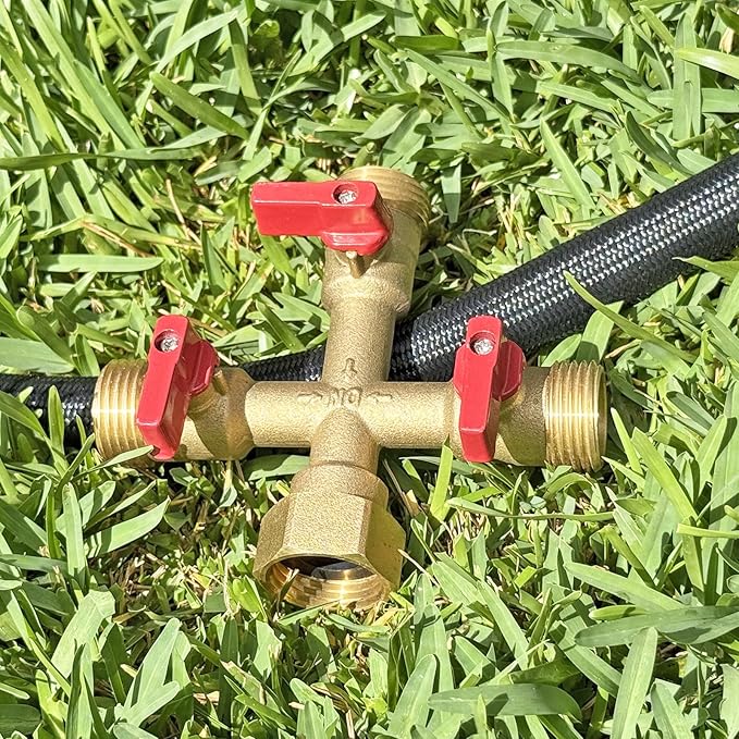 HQMPC Hose Splitter – Heavy-Duty Brass Garden Faucet Connector Garden Hose Splitter 3 Way 3/4" GHT Thread Red Handle