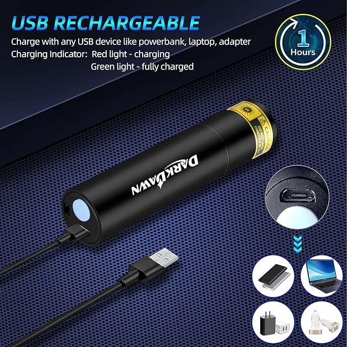 DARKDAWN UV 365nm Black Light Mini Flashlight USB Rechargeable, Woods Lamp Portable LED Ultraviolet Pocket Blacklight 370nm – Pet Urine Detector, Stains, Money, Amber, Uranium, Leak Detection – 2 Pack