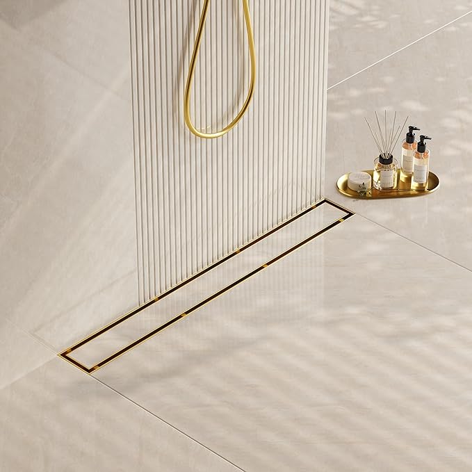 Neodrain 28-Inch Gold Linear Shower Drain, 2-in-1 Flat & Tile Insert Cover, Stainless Steel Linear Drain, Brushed Brass Rectangle Shower Floor Drain with Hair Strainer, Watermark&CUPC Certified