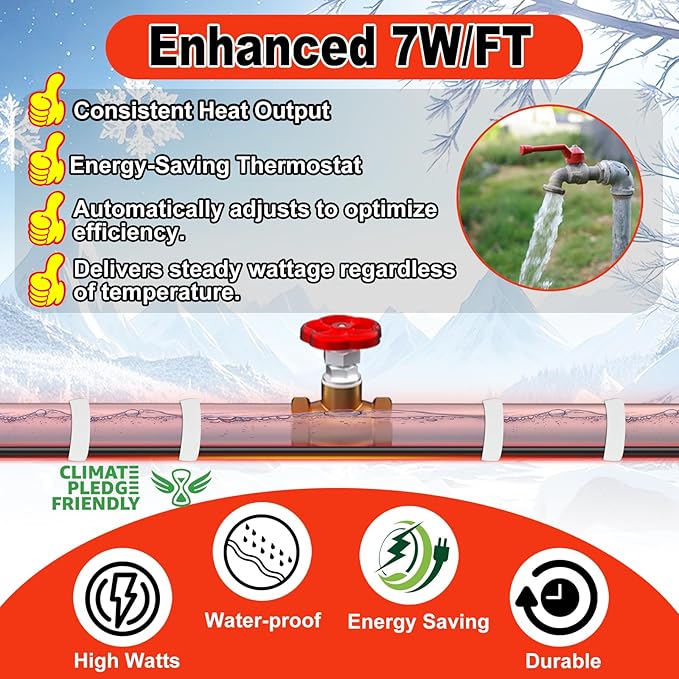 HEATIT Heat Tape for Water Pipes - Prevent Freezing, Trusted Winter Essential, CSA & ETL Approved, Keeps Water Flowing, Reliable, Efficient, Durable heated pipe wrap cable HISD 40ft, 7w/ft, 120V