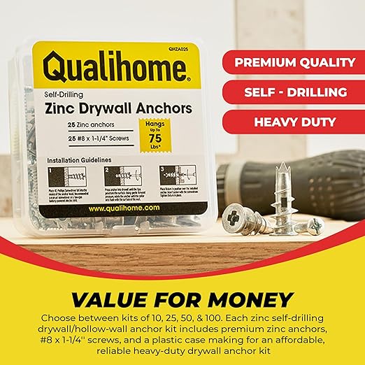 Qualihome Zinc Self Drilling Drywall Anchor Hollow Wall Anchor Kit With Screws - Metal Self Drilling Drywall Anchors With Wide Screw Fins - #8 Zinc Drywall Anchors Heavy Duty (25 Pack)