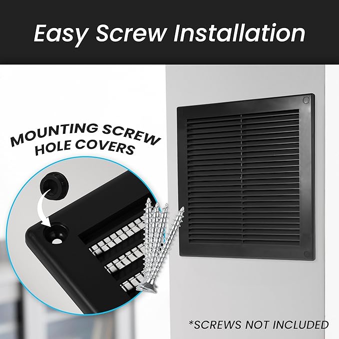 Repa Market 4 x 4 Inch (Outer) Black Square Air Vent Cover - Pack of 2 Plastic Fresh Air Intake Vent - AC Cover with Nylon Mesh Screen, Wall, Ceiling HVAC Return Air Register, Modern Soffit Vents