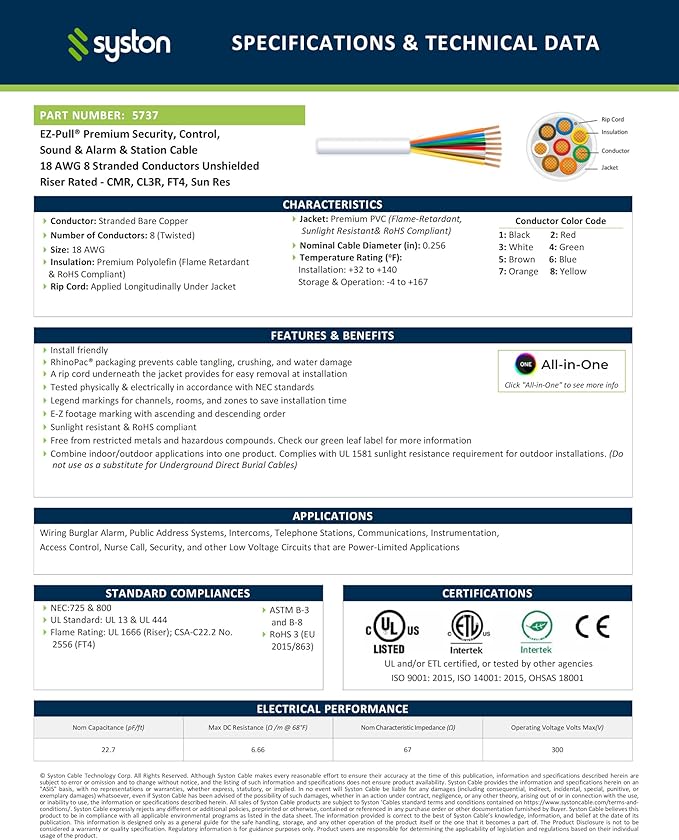 Syston 18/8 Low Voltage Security Sound Alarm Cable 1000 ft 18 AWG 8 Conductors Stranded Copper Riser-Rated CMR/CL3R Unshielded 100% Copper Stranded,UV Resistant RoHS for Indoor/Outdoor Use