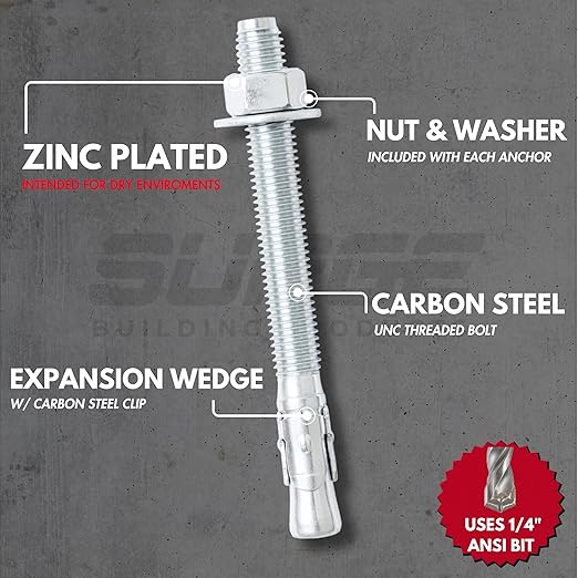 1/4" x 1-3/4" Zinc-Plated Wedge Anchors for Concrete and Cement | Heavy-Duty 1/4 Concrete Anchors (Box of 100)