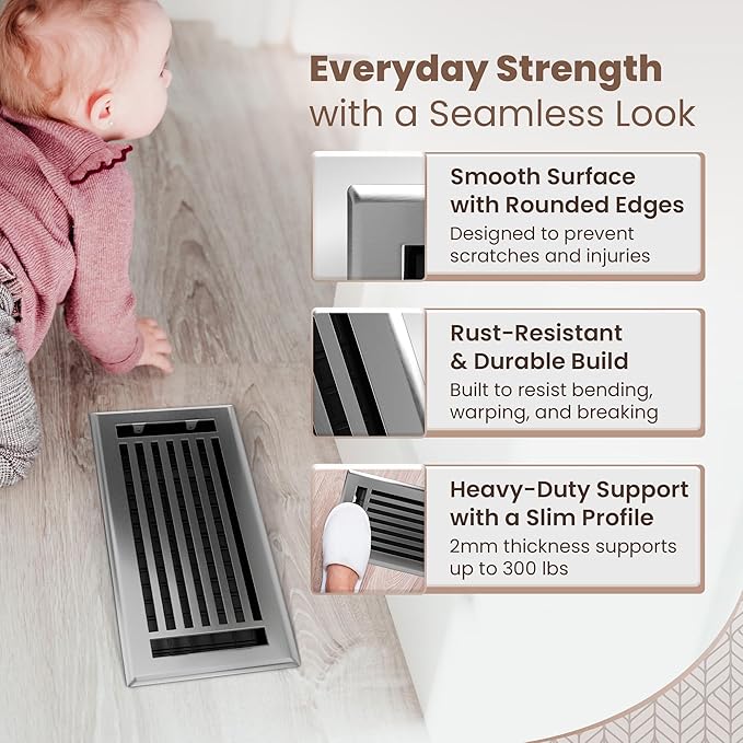 Floor Register 4x10 Vent Cover – 2 Pack – Heavy-Duty Steel, Rustproof & Walkable Grates, Drop-in Install, Adjustable Air Supply Switch - Decorative Straight Line Design, Brushed Nickel