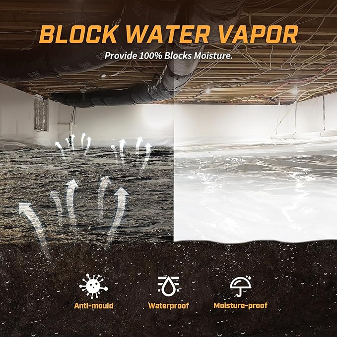 Crawl Space Vapor Barrier, 14 Mil Vapor Barrier, 10'x75', Thick White Plastic Sheeting, Drop Cloth White Vapor Barrier Covering for Crawlspace Encapsulation, Basement, Heavy Duty Polyethylene Film