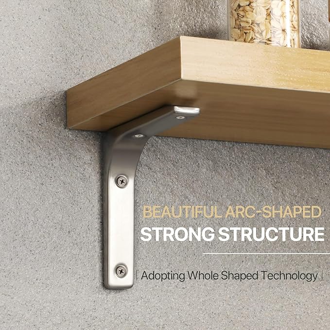 SAYAYO Heavy Duty Floating Shelf Brackets 6 Inch x 5 Inch, Stainless Steel Wall Shelf Brackets & Supports Brushed Nickel L Bracket, Angle Bracket Corner Brace for Wood, 4Pcs