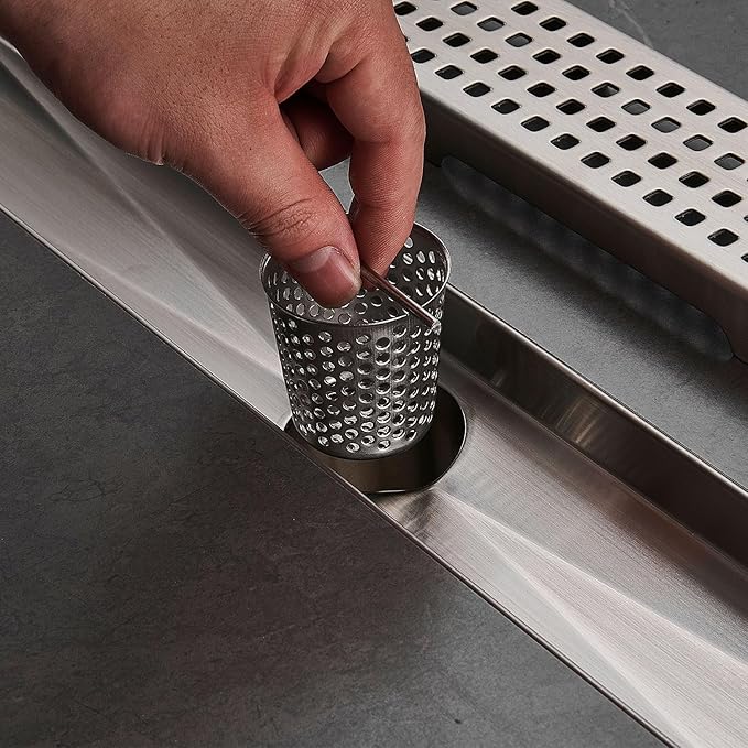 Linear Shower Floor Drain, Brushed Nickel 36 Inch 304 Stainless Steel Bathroom Drains Kit, Long Rectangular Shower Trench Drain with Square Pattern Drain Cover & Hair Catcher