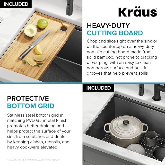 KRAUS Kore 23 Inch Undermount Workstation 16 Gauge Black Stainless Steel Single Bowl Kitchen Sink in PVD Gunmetal Finish with Accessories, KWU1111-23-PGM