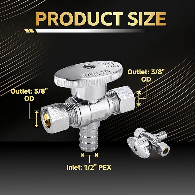 5-Pack Foskan Dual Outlet Angle Stop Valve,1/4 Turn Shut off Valve,1/2" PEX x 3/8" OD x 3/8" OD,Chrome Plated Brass