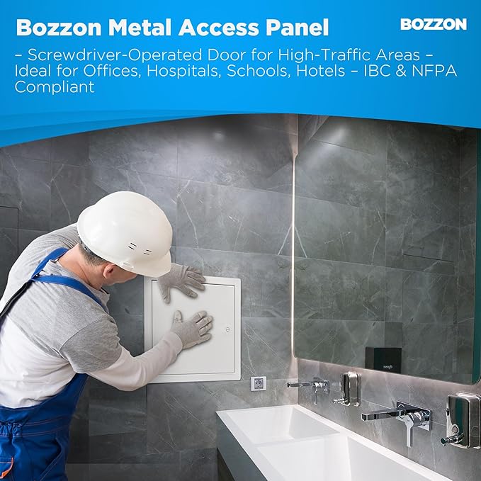 BOZZON Access Panel for Drywall 10 x 10 inch – Metal Door with Screwdriver Latch, 18 GA Steel Frame, Wall Hole Cover, Plumbing Access Door, White