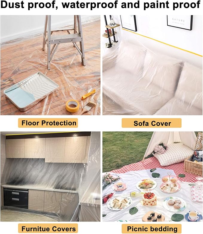 Muf 9 x 65 Feet Plastic Drop Cloth Protective Masking Film, Waterproof Plastic Sheeting with Masking Tape, Prevent Dust Paint for Car, Furniture, Carpet, Floor, 2 Pack