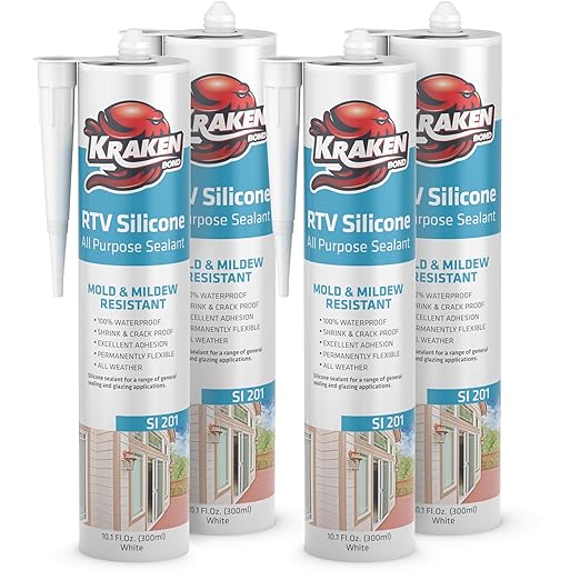Kraken Bond Gray Silicone Sealant Waterproof%100-10 fl oz Cartridge - RTV Silicone Caulk Bathroom and Kitchen, All Purpose, Window Caulking Sealant Outdoor, RV, Exterior Use Silicon - 4 Pack