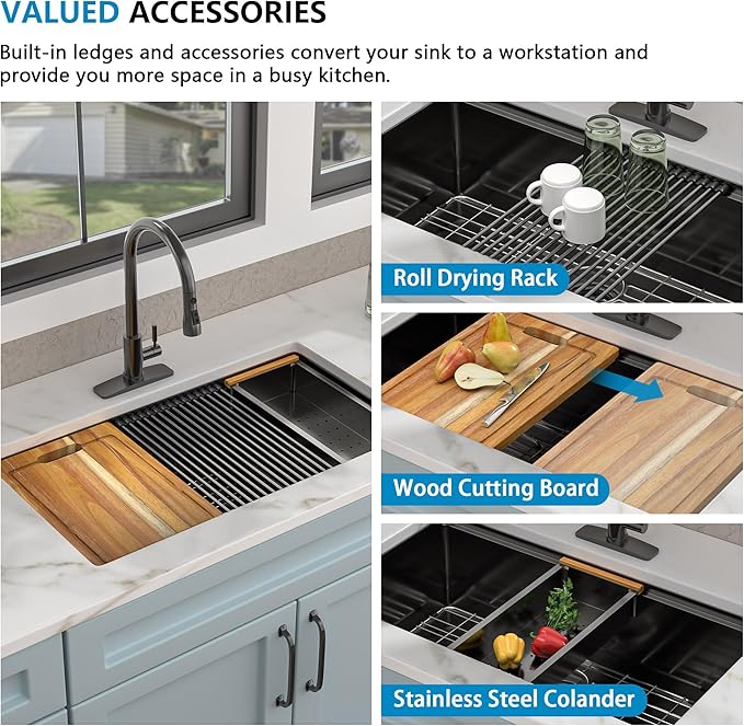 36 Undermount Kitchen Sink Black - Fulorni 36"x19" Kitchen Sink Ledge Workstation Gunmetal Black NANO-PVD 16 Gauge 304 Stainless Steel Under Counter Large Single Bowl Basin