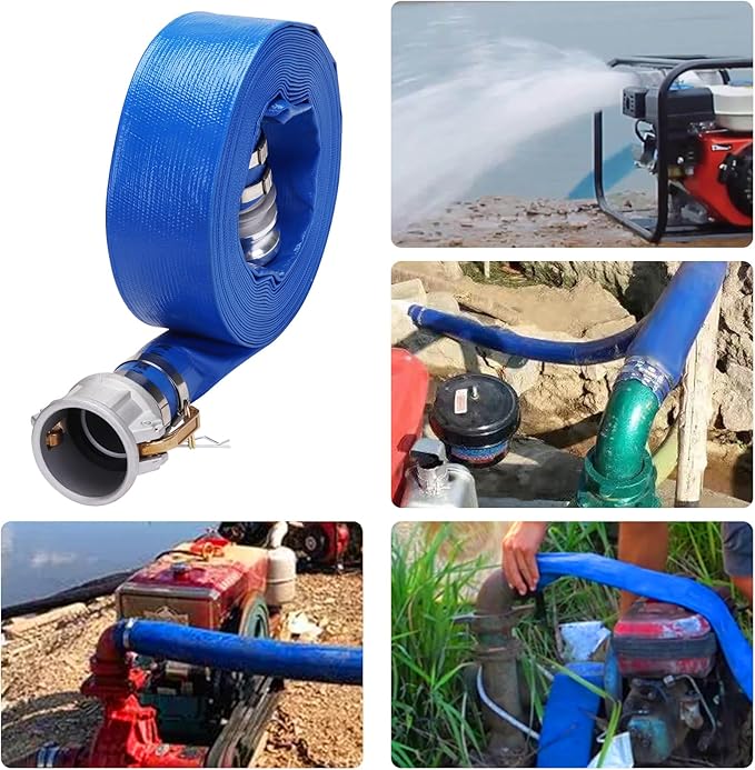 Lay-Flat Pool Backwash Hose - 2" x 50Ft with Aluminum Camlock C & E Fittings Reinforced Heavy Duty PVC Discharge Hose Weather-Proof Vinyl Pool Drain Hose for Water Transfer