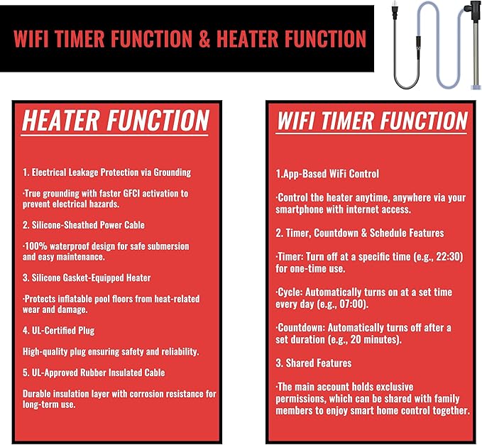 3500W 240V Swimming Pool Immersion Water Heater with Wifi Timer & Auto Shut Off – Submersible Electric Heater for Above-Ground Pool, Spa, Hot Tub, Bucket, Baptistry, Baptismal Pool & Bathtub