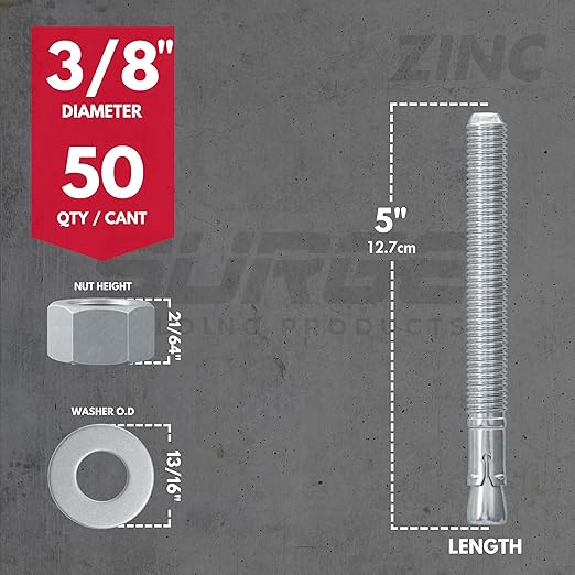 3/8" x 5" Zinc-Plated Wedge Anchors for Concrete and Cement | Heavy-Duty 3/8 Concrete Anchors (Box of 50)