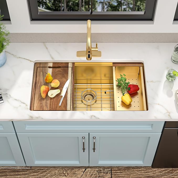 33 Undermount Kitchen Sink Gold - Fulorni 33"x19" Kitchen Sink Brushed Gold NANO-PVD Ledge Workstation 16 Gauge 304 Stainless Steel Under Counter Single Bowl Basin